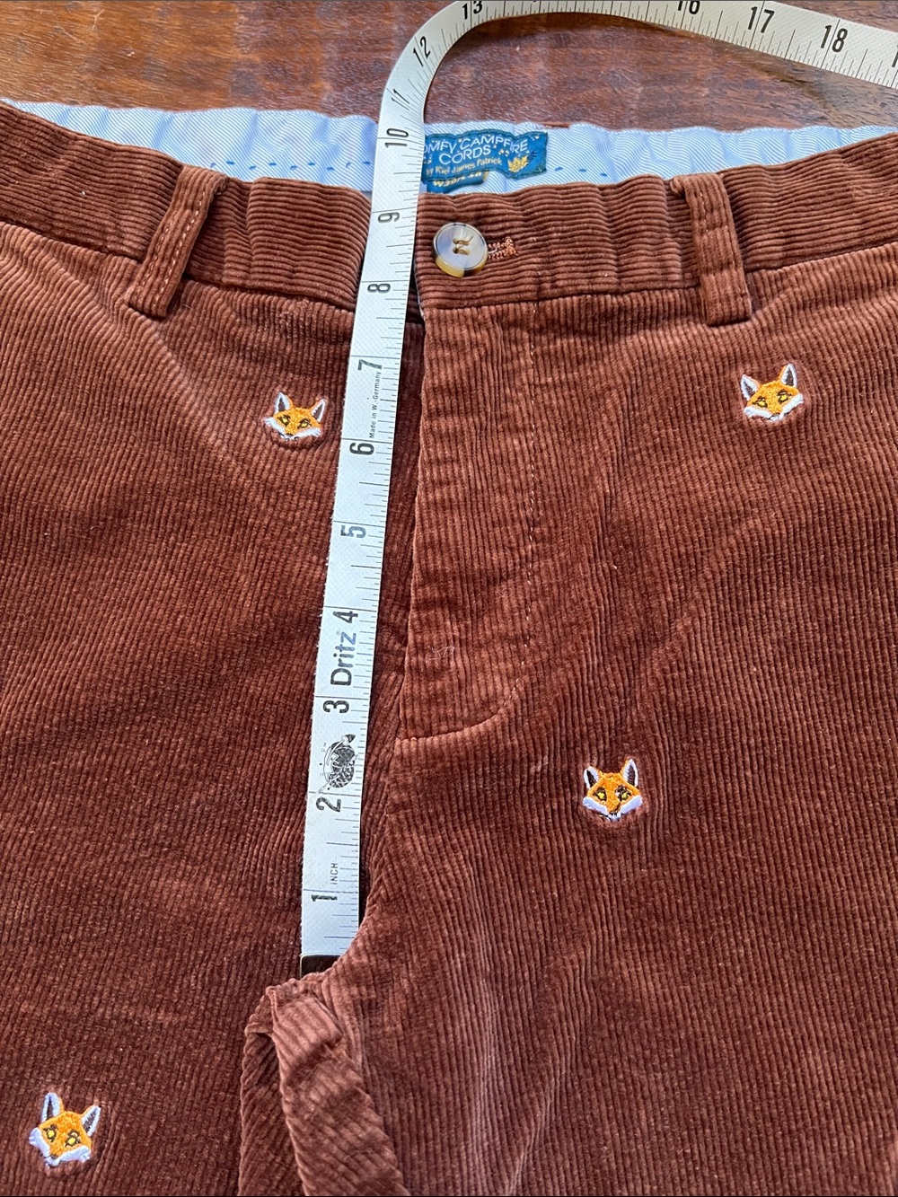 KJP Comfy Campfire Cords Pants Zip Fly Sly Fox Embroidered Brown Men's 30x30 - Picture 11 of 15